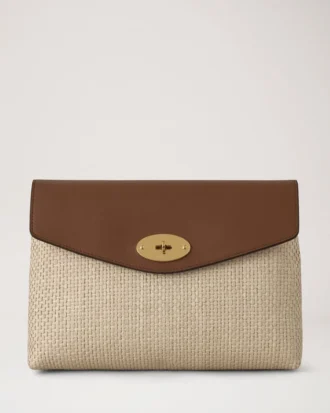 Große Darley-Kosmetiktasche in Ecru & heller Eiche mit Raffia- und Lederbesatz