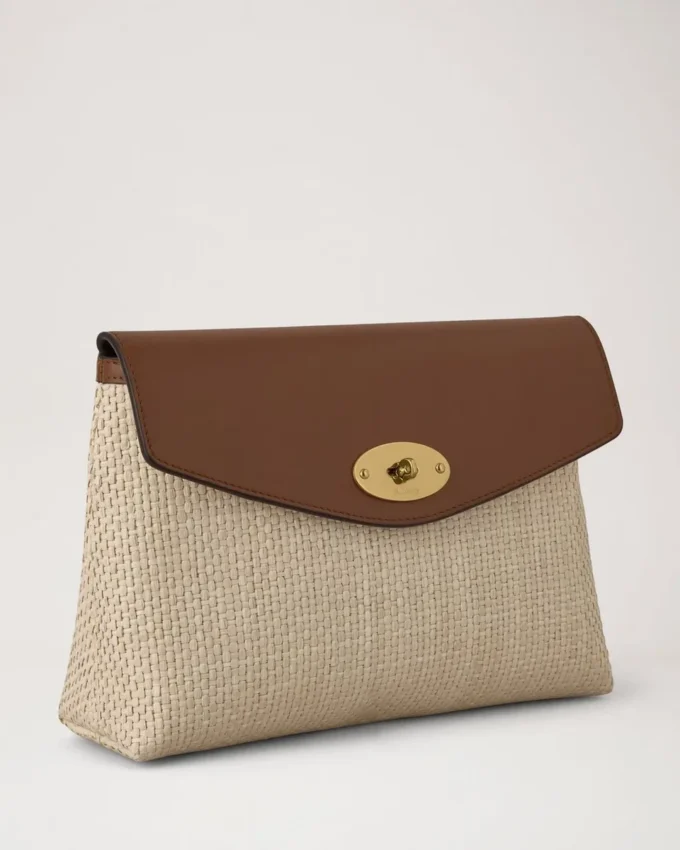 Große Darley-Kosmetiktasche in Ecru & heller Eiche mit Raffia- und Lederbesatz