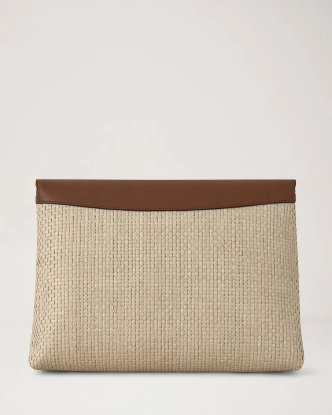 Große Darley-Kosmetiktasche in Ecru & heller Eiche mit Raffia- und Lederbesatz
