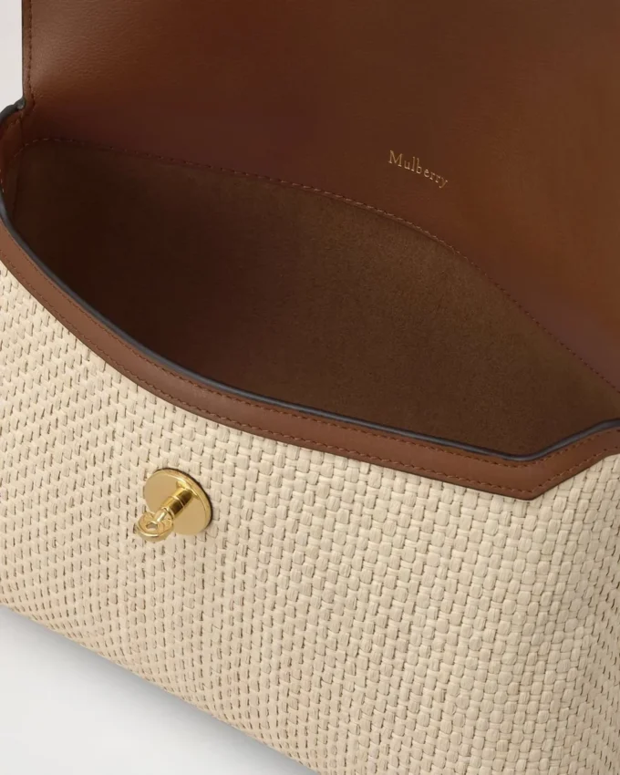 Große Darley-Kosmetiktasche in Ecru & heller Eiche mit Raffia- und Lederbesatz