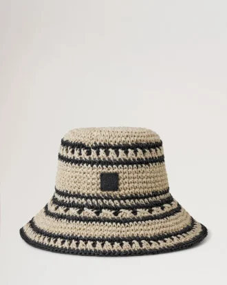 Häkel-Bucket-Hat aus beigem und schwarzem Papierraffia für Herren