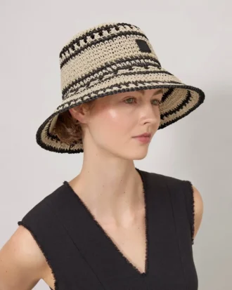 Häkel-Bucket-Hat aus beigem und schwarzem Papierraffia für Herren