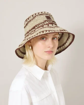 Häkel-Bucket-Hat Beige & Eiche Papier-Raffia Herren