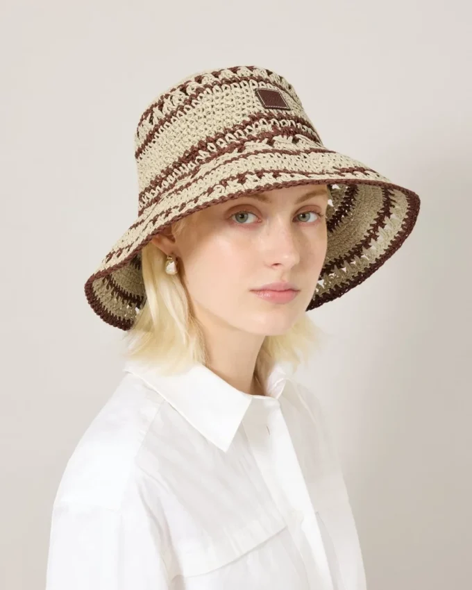 Häkel-Bucket-Hat Beige & Eiche Papier-Raffia Herren Häkel-Bucket-Hat Beige & Eiche Papier-Raffia Herren