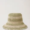 Horizontal gestreifter Bucket Hat aus leinengrünem Papierraffia Horizontal gestreifter Bucket Hat aus leinengrünem Papierraffia