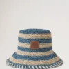 Horizontal gestreifter Bucket Hat in Brighton-Blau aus Papierraffia