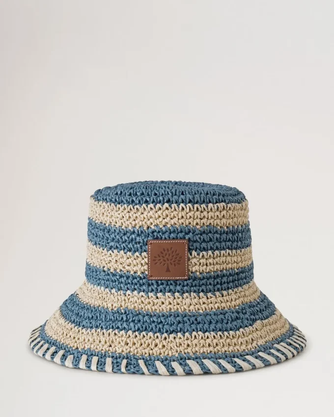 Horizontal gestreifter Bucket Hat in Brighton-Blau aus Papierraffia