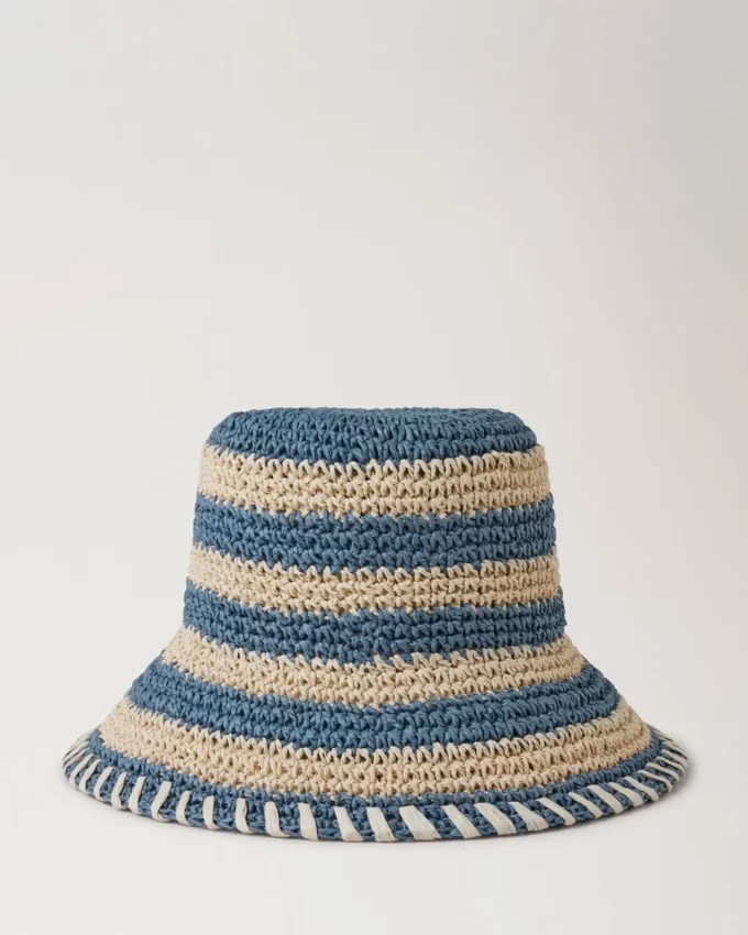 Horizontal gestreifter Bucket Hat in Brighton-Blau aus Papierraffia