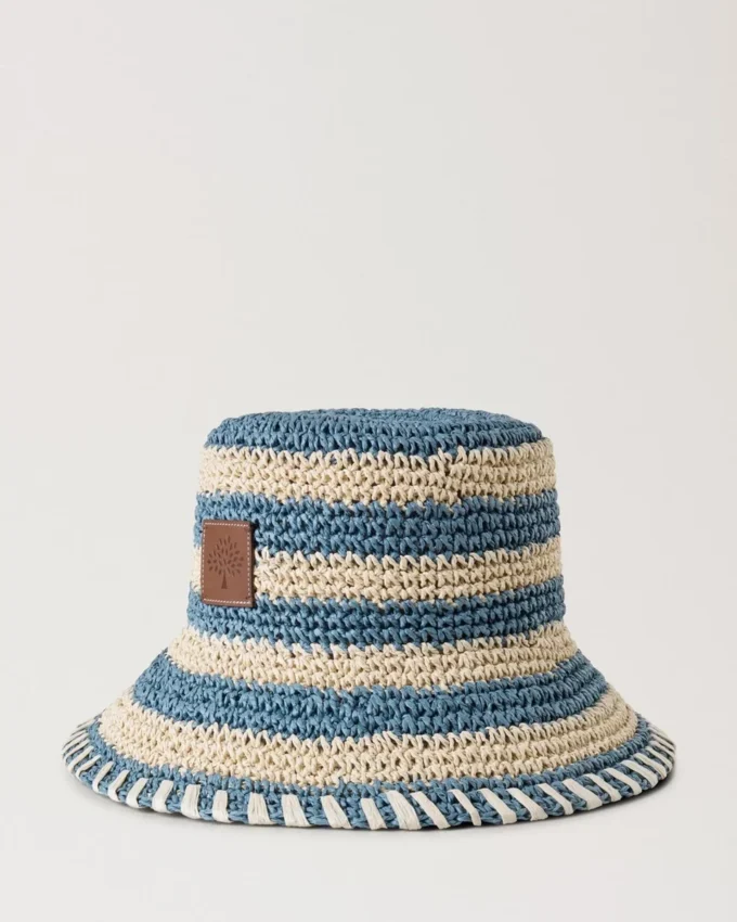 Horizontal gestreifter Bucket Hat in Brighton-Blau aus Papierraffia