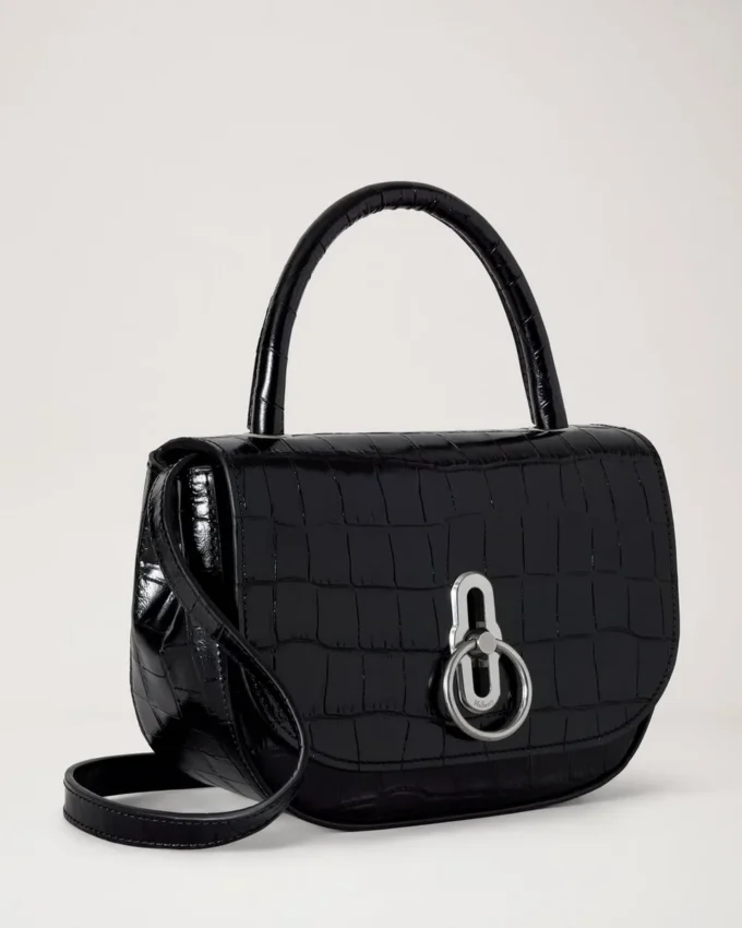 Kleine Amberley-Handtasche mit Griff, schwarz glänzend, kleines Krokodilmuster Kleine Amberley-Handtasche mit Griff, schwarz glänzend, kleines Krokodilmuster