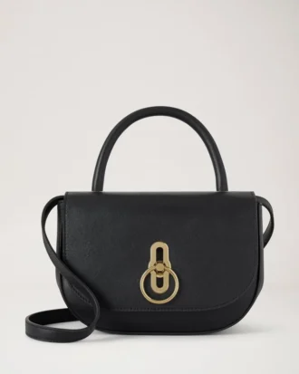 Kleine Amberley-Handtasche mit Tragegriff, schwarzes, geschmeidiges Glattleder