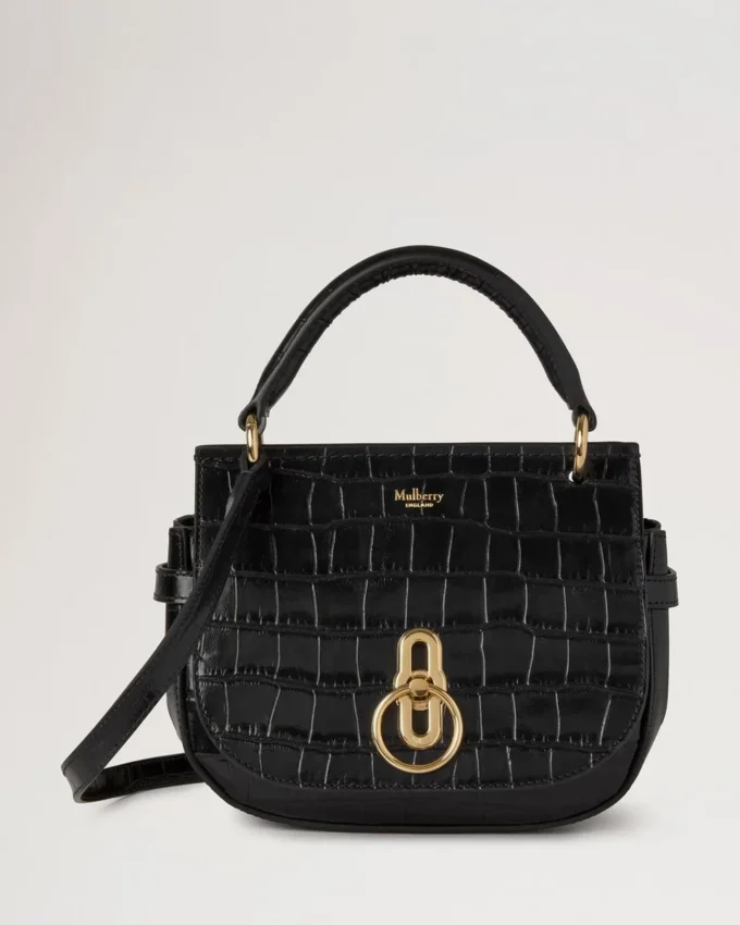 Kleine Amberley-Tasche mit Tragegriff, schwarz, glänzendes kleines Krokodilleder Kleine Amberley-Tasche mit Tragegriff, schwarz, glänzendes kleines Krokodilleder
