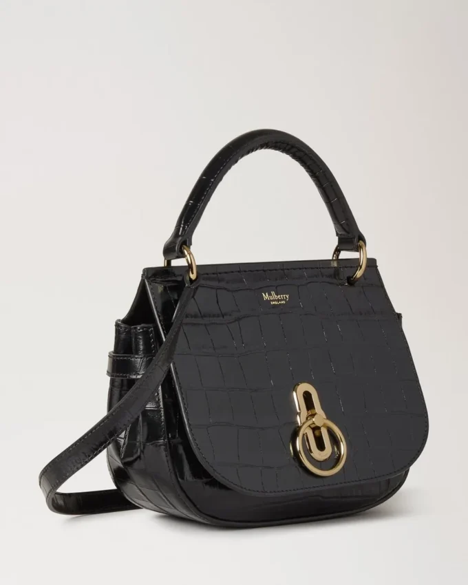 Kleine Amberley-Tasche mit Tragegriff, schwarz, glänzendes kleines Krokodilleder Kleine Amberley-Tasche mit Tragegriff, schwarz, glänzendes kleines Krokodilleder