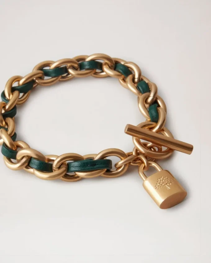 Lily Leder-Kettenarmband, klein, Mulberry Green Leder & Metall Lily Leder-Kettenarmband, klein, Mulberry Green Leder & Metall