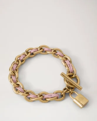 Lily Leder-Kettenarmband Medium Puderrosa Klein Klassische Narbung & vergoldeter Edelstahl
