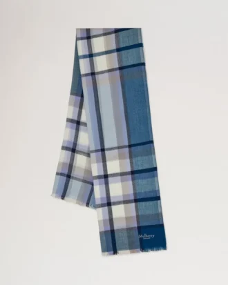 Mega Check Schal aus Popeline in Blau und Ecru, Kaschmirmischung