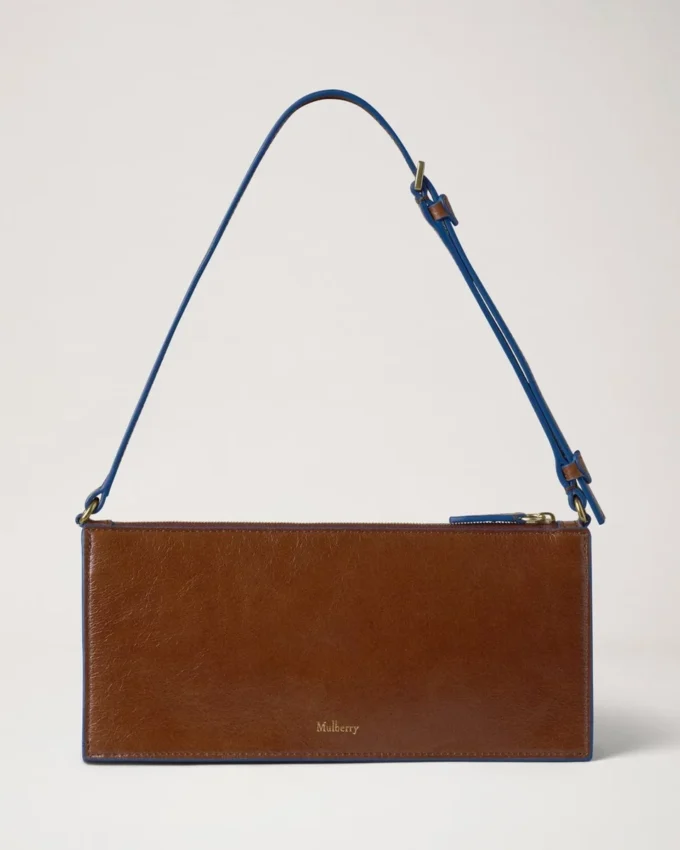 Mini Roxanne Umhängetasche Eiche & Pigmentblau Glattes, glänzendes Leder