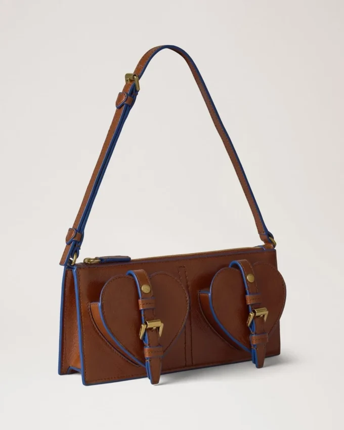 Mini Roxanne Umhängetasche Eiche & Pigmentblau Glattes, glänzendes Leder