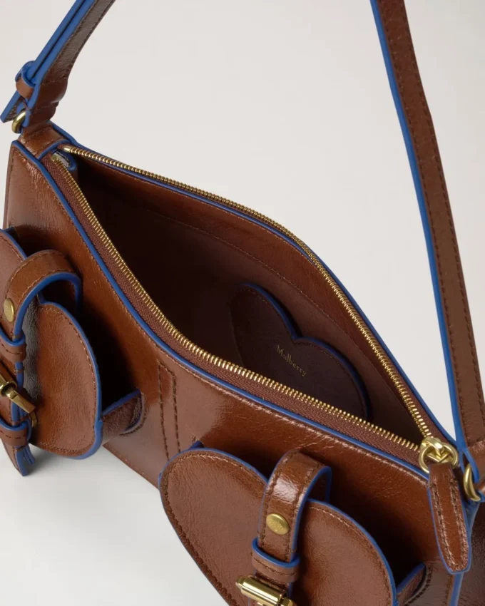 Mini Roxanne Umhängetasche Eiche & Pigmentblau Glattes, glänzendes Leder