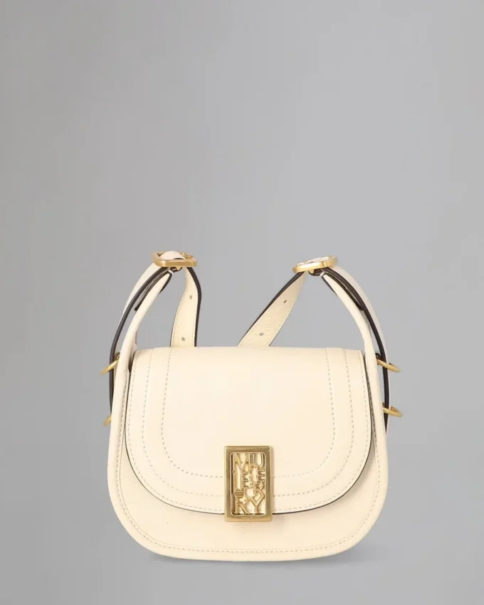 Mini Sadie Satchel Secondhand-Tasche aus eierschalenfarbenem, hochglänzendem Leder