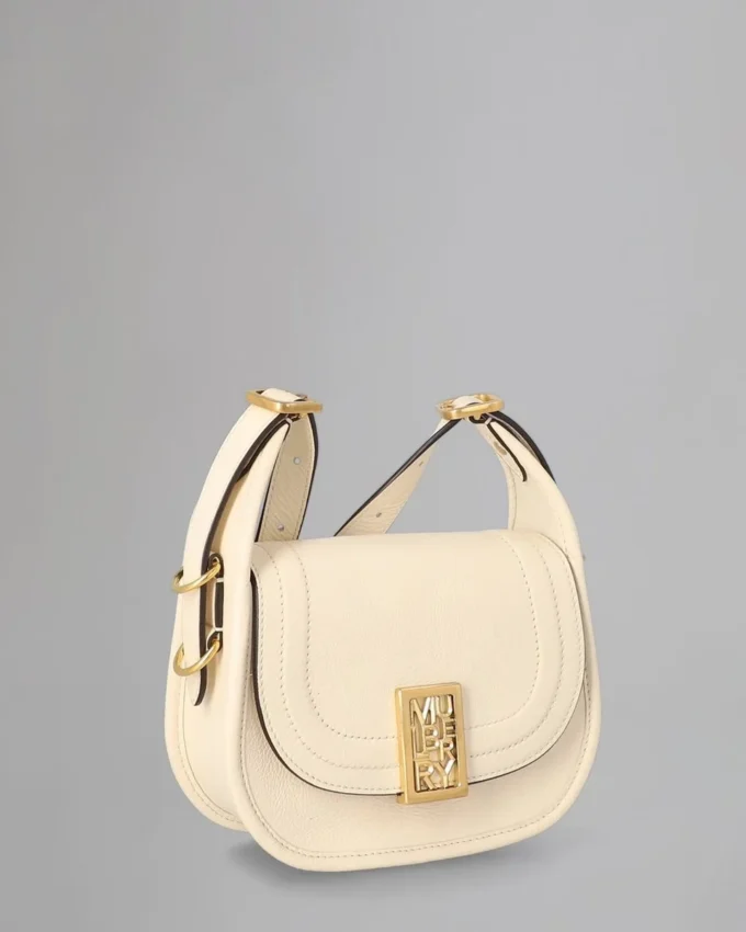 Mini Sadie Satchel Secondhand-Tasche aus eierschalenfarbenem, hochglänzendem Leder