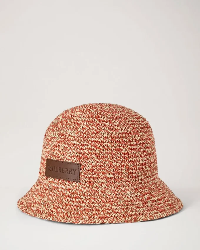 Raffia-Bucket-Hat in Korallenorange & Kreide 100 % Papier-Raffia Raffia-Bucket-Hat in Korallenorange & Kreide 100 % Papier-Raffia