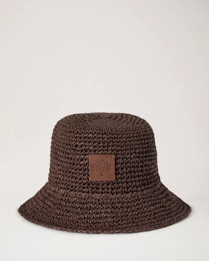 Raffia-Bucket-Hat mit Mulberry-Motiv in Ebenholz 100 % Papier-Raffia