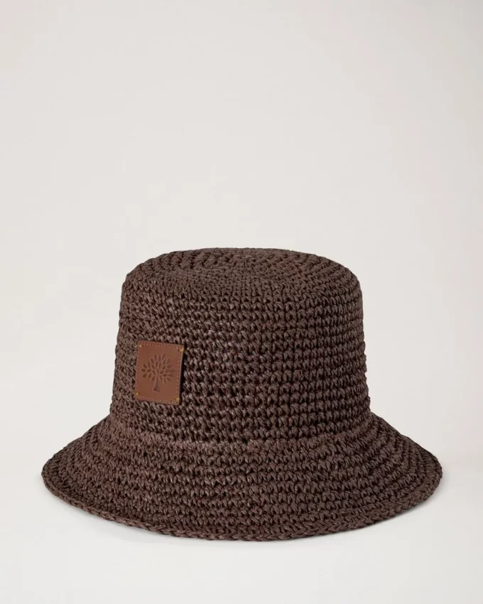 Raffia-Bucket-Hat mit Mulberry-Motiv in Ebenholz 100 % Papier-Raffia