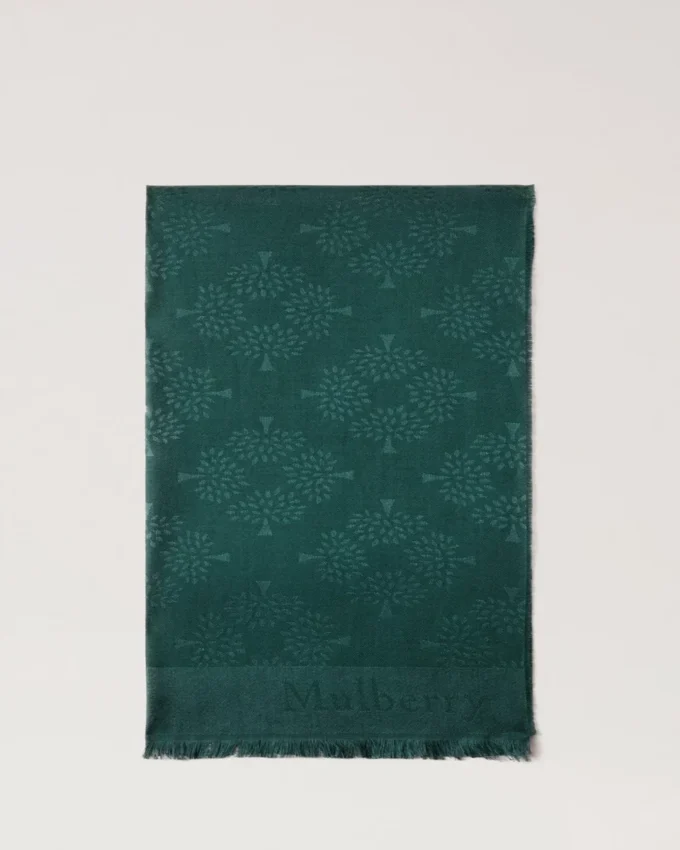 Rechteckiger Schal mit Maulbeerbaum-Motiv, Mulberry Green, Baumwoll-Seiden-Mischung Rechteckiger Schal mit Maulbeerbaum-Motiv, Mulberry Green, Baumwoll-Seiden-Mischung