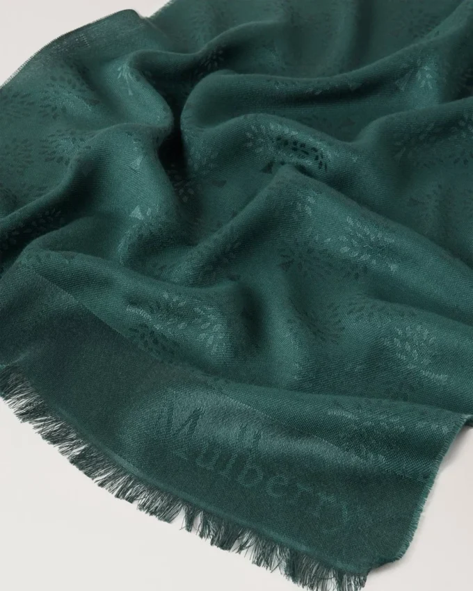 Rechteckiger Schal mit Maulbeerbaum-Motiv, Mulberry Green, Baumwoll-Seiden-Mischung Rechteckiger Schal mit Maulbeerbaum-Motiv, Mulberry Green, Baumwoll-Seiden-Mischung