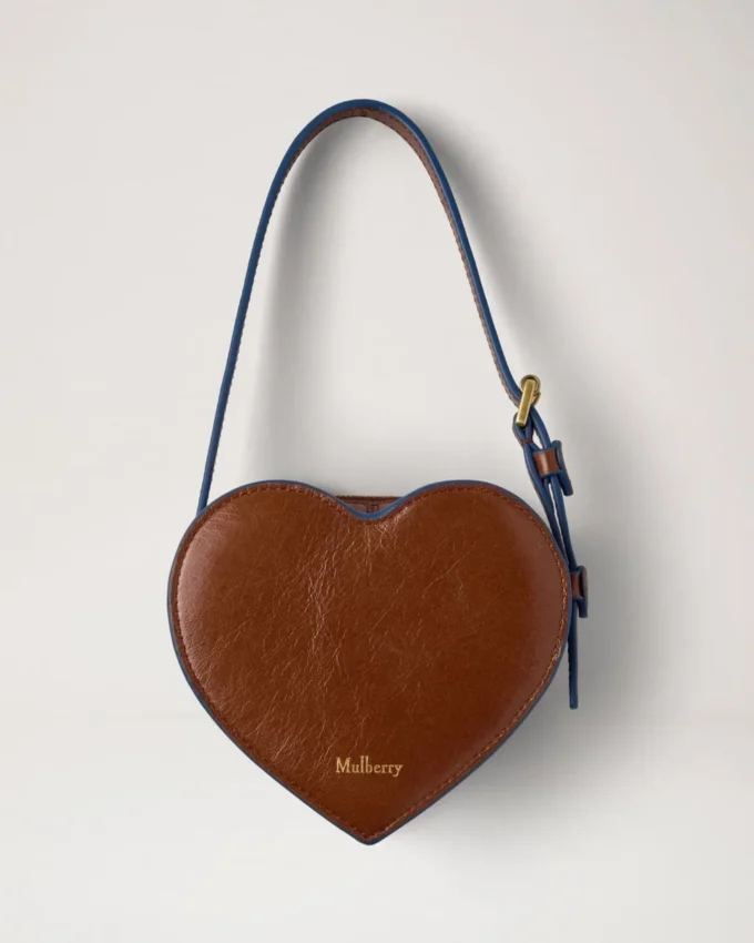 Roxanne Mini Heart Tasche Eiche & Pigmentblau Glattes, glänzendes Leder