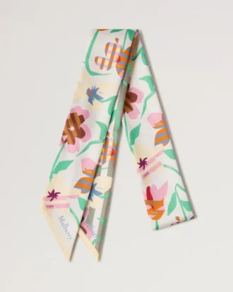Schmaler Schal – Grafisches Blumenmuster Leinengrün & Buttermilch Recyceltes Polyester