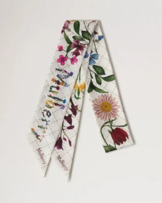 Schmaler Schal – Wildblumenmuster, Eierschalenfarbe, recyceltes Polyester