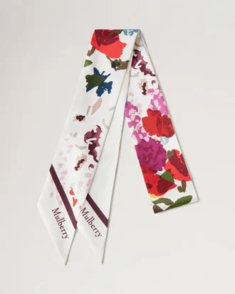 Schmaler Schal – Winterblumenmuster, Eierschalenfarbe, recyceltes Polyester