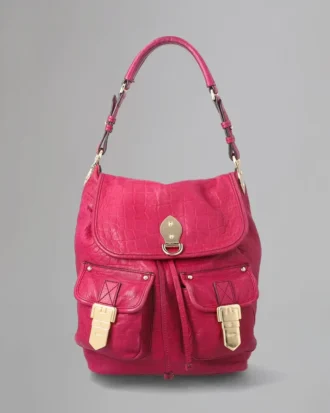 Tillie-Umhängetasche mit Kordelzug, Secondhand, Foxglove Pink, Krokodil-Nappa