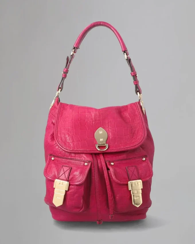 Tillie-Umhängetasche mit Kordelzug, Secondhand, Foxglove Pink, Krokodil-Nappa Tillie-Umhängetasche mit Kordelzug, Secondhand, Foxglove Pink, Krokodil-Nappa