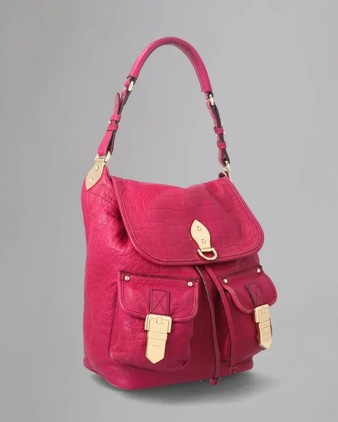 Tillie-Umhängetasche mit Kordelzug, Secondhand, Foxglove Pink, Krokodil-Nappa Tillie-Umhängetasche mit Kordelzug, Secondhand, Foxglove Pink, Krokodil-Nappa