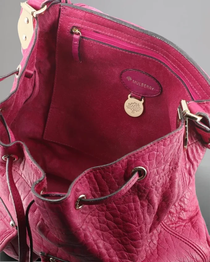 Tillie-Umhängetasche mit Kordelzug, Secondhand, Foxglove Pink, Krokodil-Nappa Tillie-Umhängetasche mit Kordelzug, Secondhand, Foxglove Pink, Krokodil-Nappa